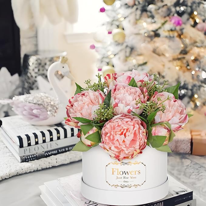 Hollyone Pink Peonies Artificial Flowers in Vase Round Gift Boxes with Fake Flowers Arrangements Faux Flowers Floral in Box Vase for Her Mothers' Day Valentine's Day Christmas Birthday Graduation Gift