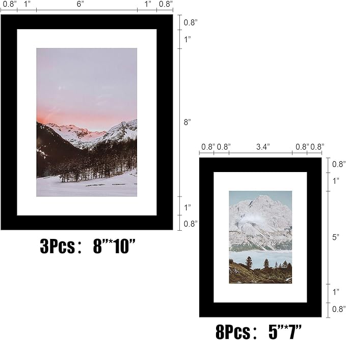 WOOD MEETS COLOR Wall Photo Frames, Including White Picture Mats and Installation Instruction, Set of 11 Collage Frames, 3-8x10 Inches, 8-5x7 Inches (Black)