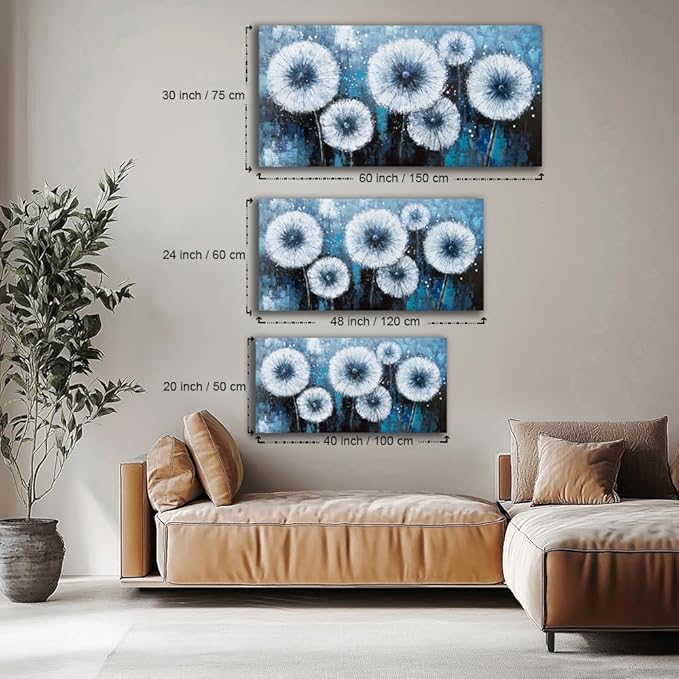 Modern Dandelion Wall Art for Living Room Office Navy Blue White Floral Canvas Painting Prints Large Flower Artwork Kitchen Bedroom Decor (23x46 Inches)