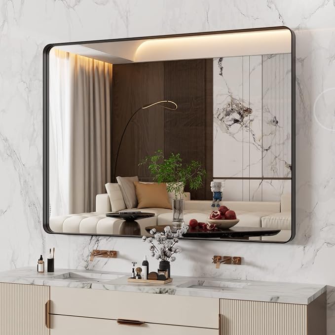 WEER Black Bathroom Mirror 48X36 Inch, Matte Black Bathroom Vanity Mirror Farmhouse, Large Rounded Rectangle Black Metal Framed, Anti-Rust, Tempered Glass, Hangs Horizontally or Vertically
