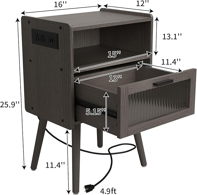 Mid Century Modern Nightstand with Charging Station, Bedside Tables with Glass Drawer, End Table Side Table with 2 Tiers Storage Space, for Bedroom, Living Room, Dark Grey