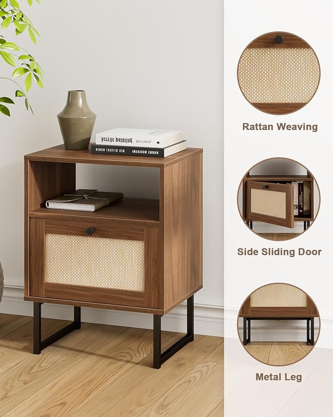 Rattan Nightstand, Mid Century Modern Night Stand,Boho Farmhouse Wood Bedside Table with Storage and Open Shelf, End Side Accent Table for Bedroom,Living Room,Walnut