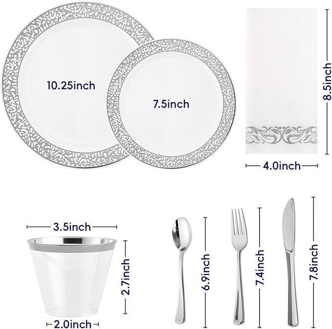𝟐𝟏𝟎 Count Silver Plastic Dinnerware, Silver Disposable Plates, Includes 30 Dinner & 30 Dessert Plates & 30 Cups & 30 Paper Napkins & 30 Plastic Silverware Set