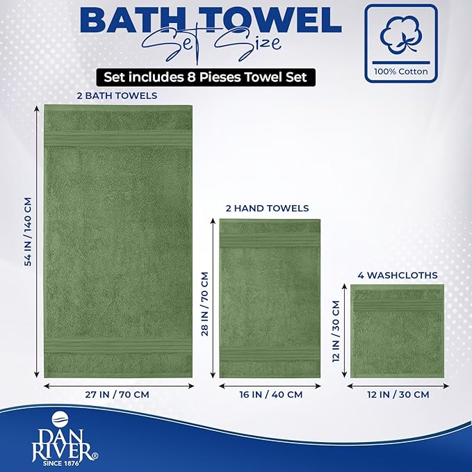 DAN RIVER 8 PC Luxury Bath Towels for Bathroom, 2 Bath, 2 Hand, and 4 Wash Cloths, 600 GSM 100% Ring Spun Cotton Towel Set, Highly Absorbent, Gym, Hotel, and Spa, Sage Green