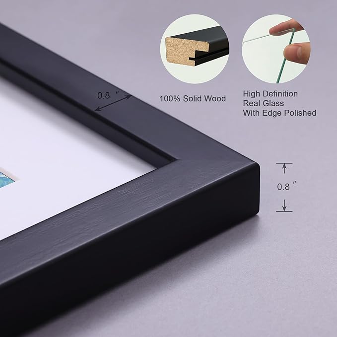 12x12 Picture Frame Set of 2 Made of Solid Wood Photo Frame with Real Glass for Pictures 8x8 with Mat or 12x12 Without Mat,Wall Mount or Tabletop Gallery Photo Frames in Black
