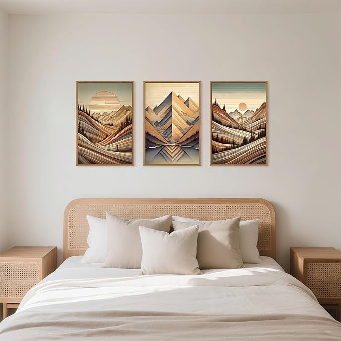 Large Vintage Woodcut Style Mountain Framed Canvas Wall Art,Mid Century Woodland Wall Decor,Boho Sunrise Forest Artwork,Modern Neutral Nature Art Print for Living Room,Bedroom,Office-24 x36 x3