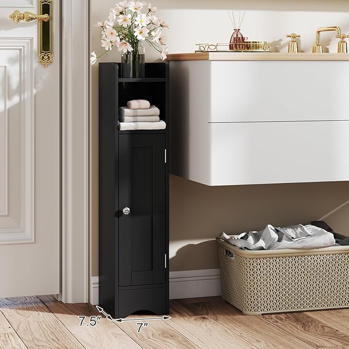 Tangkula Small Bathroom Storage Cabinet with Door, Toilet Paper Holder Stand with Adjustable Shelves & Open Compartment for Small Spaces, Narrow Freestanding Storage, 7 x 7.5 x 31.5 Inches (Black)