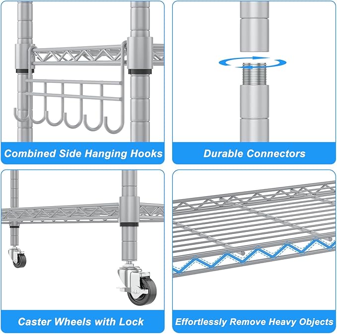 Homdox 5 Tier Adjustable Rolling Storage Shelves, Heavy Duty Wire Racks and Shelving, Metal Shelves for with Side Hooks Pantry Closet Kitchen Garage Organization, Silver Gray