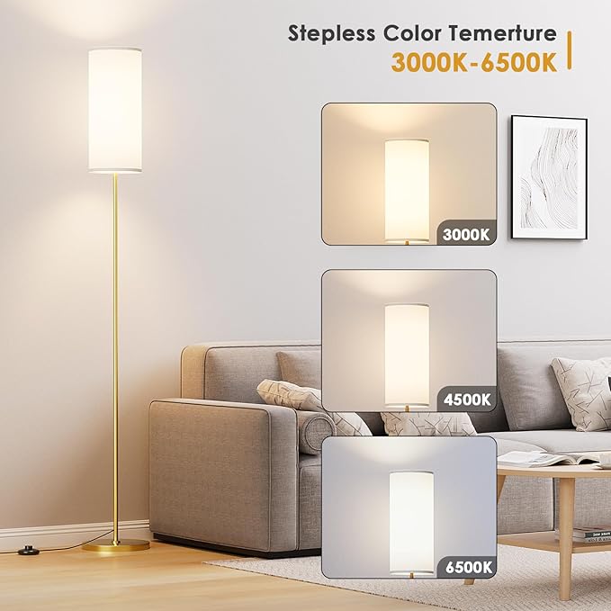 Floor Lamp for Living Room, Modern Standing lamp with Remote Control, Stepless Dimmable 9W Bulb & Beige Lampshade Included, Gold Pole Tall Floor Lamp for Bedroom Office