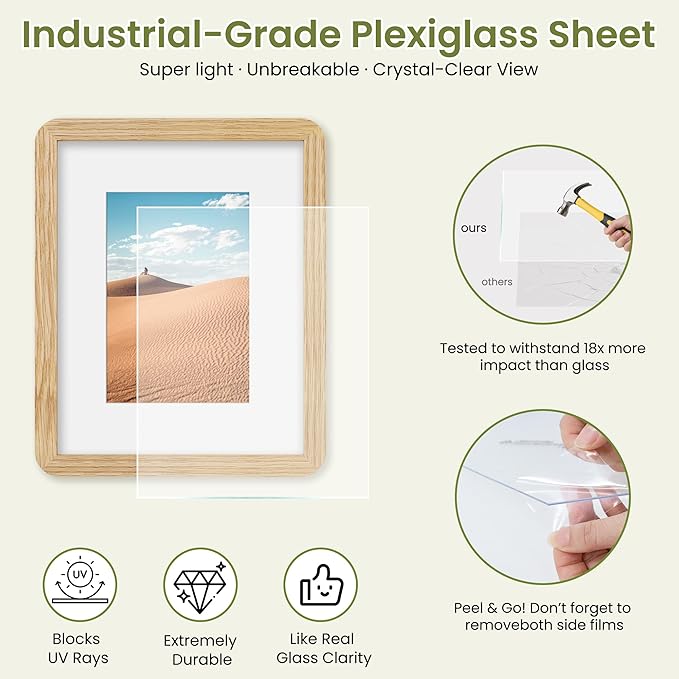 Dreamland 8x10 Round Corner Picture Frame, Solid Oak Photo Frame With Mat For 5x7, Plexiglass Framing Includes Hanging Hardware For Vertical Or Horizontal Wall Frame, Natural Oak, 3 Pack