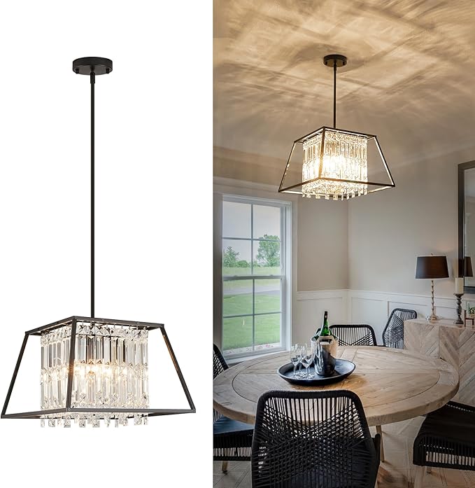 Crystal Chandeleir, Black 4 Lighting Dining Room Chandelier Light Fixture, Modern FarmhouseSquare Metal Pendant Light for Kitchen Island, Entryway,E12 Bulb,15.75"