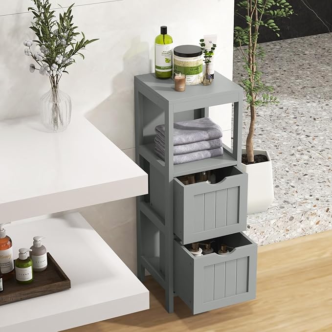 Tangkula Small Bathroom Storage Cabinet with 2 Removable Drawers, Wood Freestanding Floor Cabinet for Bathroom, Anti-Tipping Device, Side Corner Cabinet for Small Spaces (Grey)