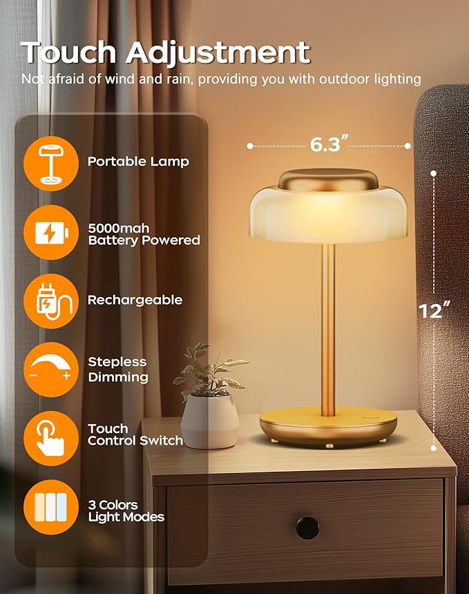 QiMH Battery Operated LED Table Lamp, 5000mAh Rechargeable Cordless Lamp Set of 2, Stepless Dimmable Touch Control, Small Waterproof Desk Night Light for Living Room, Bedroom, Outdoor Bar (Gold)