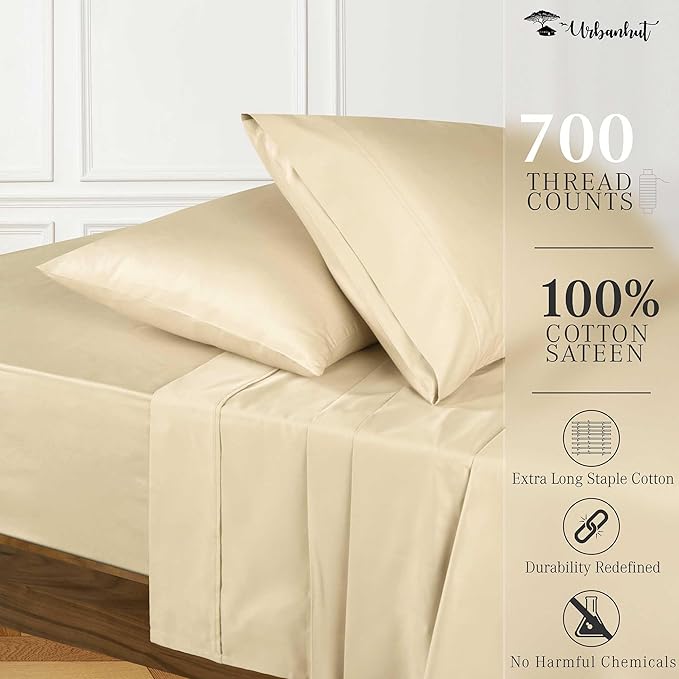 URBANHUT 700 Thread Count Egyptian Cotton Sheets Twin Size, 4Pc Sheet Set Soft Luxury Bed Sheets for Twin Size Bed, Sateen Weave Hotel Sheets, 14'' Elasticized Deep Pocket - Sand