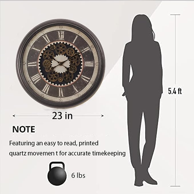 23 Inch Dark Brown Steampunk Wall Clock with Decorative Gears, Industrial Vintage Analog Clock for Living Room, Farmhouse, Office Decor, Silent Non-Ticking Battery Operated