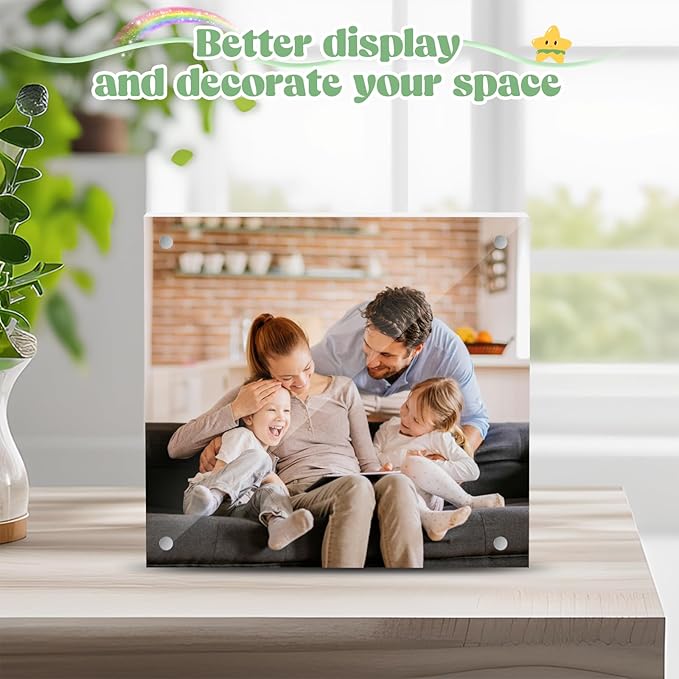 24 Pcs Acrylic Picture Frames, Clear Picture Frames Frameless Magnetic Picture Frame Double Sided Magnetic Photo Frame Free Standing Desktop Display Stand for Bedroom Living Room Home (Transparent, 4X4)
