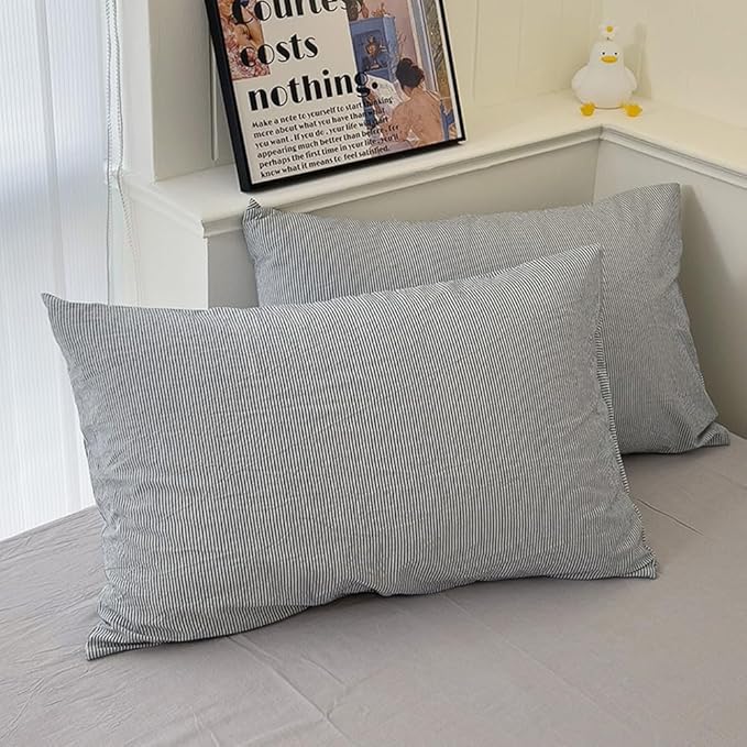 VM VOUGEMARKET Washed Cotton Grey Striped Duvet Cover Set King,Pinstripes Duvet Cover with 2 Pillowcases Modern Simple Farmhouse Style Bedding Set-Vertical Stripes