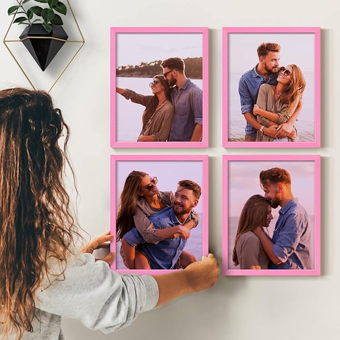 Renditions Gallery Set of 4, 11X14 Custom Photo Prints with Real Wood Picture Frames. Create Personalized Photos with Peel & Stick Photo Frames. Pink Frame