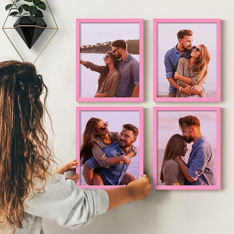 Renditions Gallery Set of 4, 11X14 Custom Photo Prints with Real Wood Picture Frames. Create Personalized Photos with Peel & Stick Photo Frames. Pink Frame