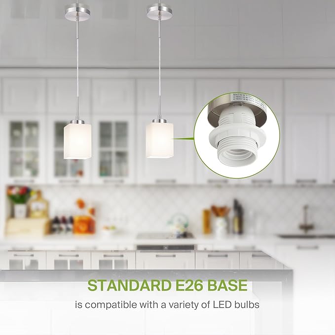ASD Single Mini-Pendant Ceiling Light Fixture | 60W E26 Socket 120V | Dimmable, LED/CFL/Incandescent Bulbs Compatible, ETL Listed | Hanging Kitchen Island Lighting, Frosted Drop Lamp | Nickel, 12 Pack