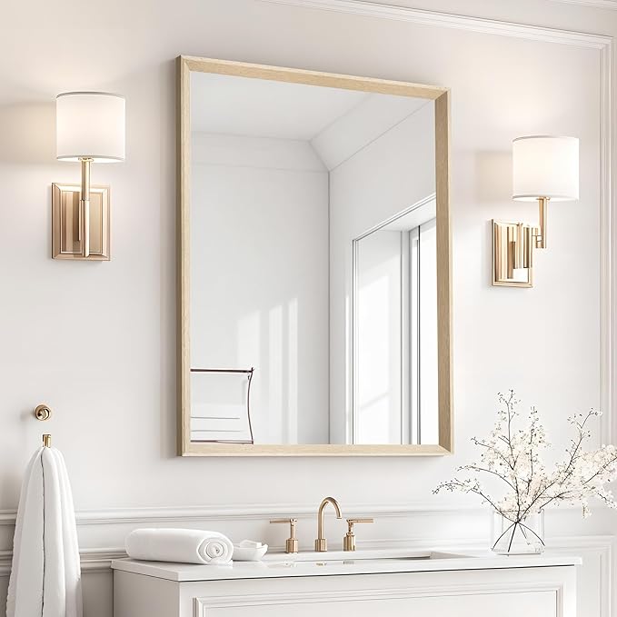 Oak Wood Effect Framed Wall Mirror, 22x30 Rectangle Mirror, 1/8" Anti-desilvering Tempered Glass, Sustainable& Sturdy Frame, Anti-Rust, HD Reflection &3min Fast Setup for Bathroom Living Room