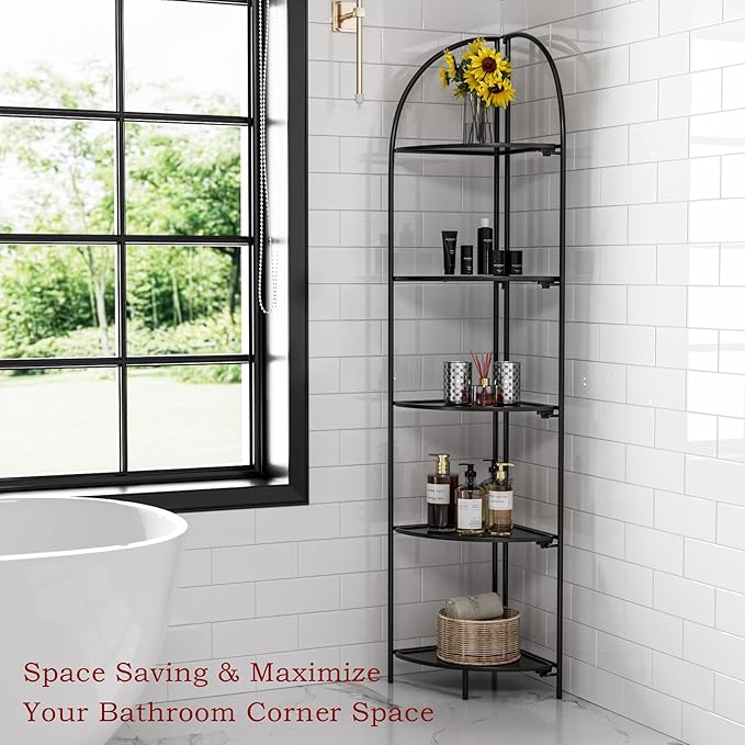 Crofy Foldable 5 Tier Corner Shelf, Metal Corner Plant Stand with Black Frame and Black Shelves, Corner Display Rack Multipurpose Shelving Unit for Living Room, Bedroom, Bathroom