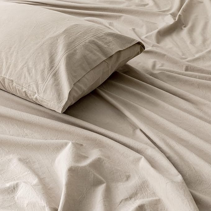 6PS Linen Like Bedding Sheet Sets Linen Grey Queen Size Cotton Bedding Set Oeko-TEX Standard 100% Washed Cotton Deep Pocket Queen Size Fitted Sheet Plus Cozy Flat Sheet and 4 Pillowcases