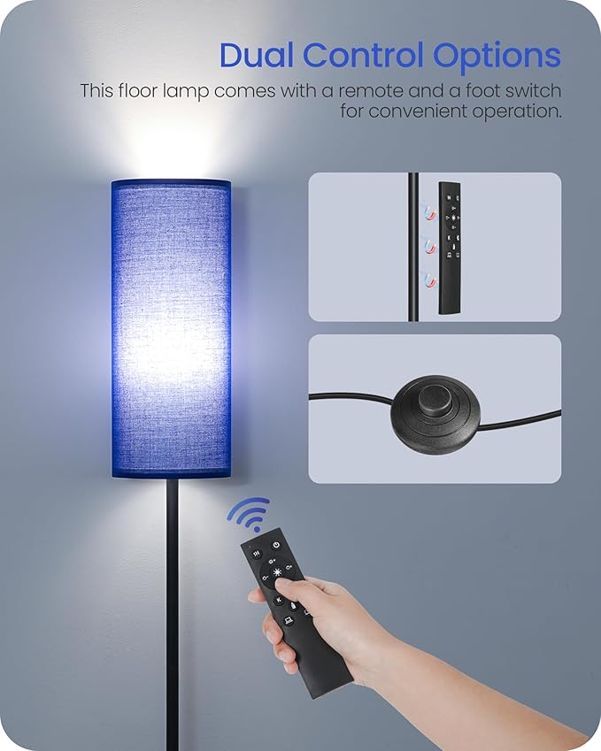 Dimmable Blue Floor Lamp for Living Room with Remote and Foot Switch, Corner Floor Lamp for Bedroom, 66" Standing Tall Lamp, 10W 900LM Bulb Included, 3000K-6500K, Linen Shade, FCC Listed U06LD05W1