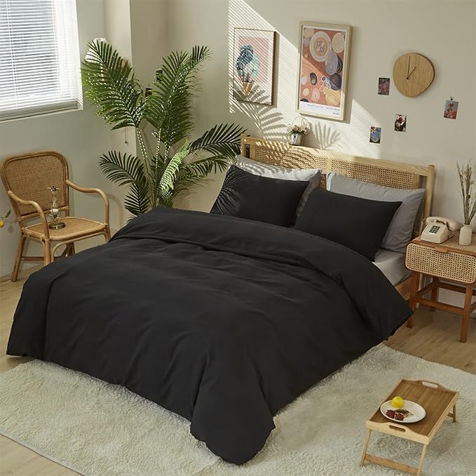 Pureant Black Comforter King Solid Color Bedding Set Pure Black King Comforter for Women Men Soft Breathable Dark Color Comforter Set 3 Pieces Lightweight Adults King Size Comforter Set