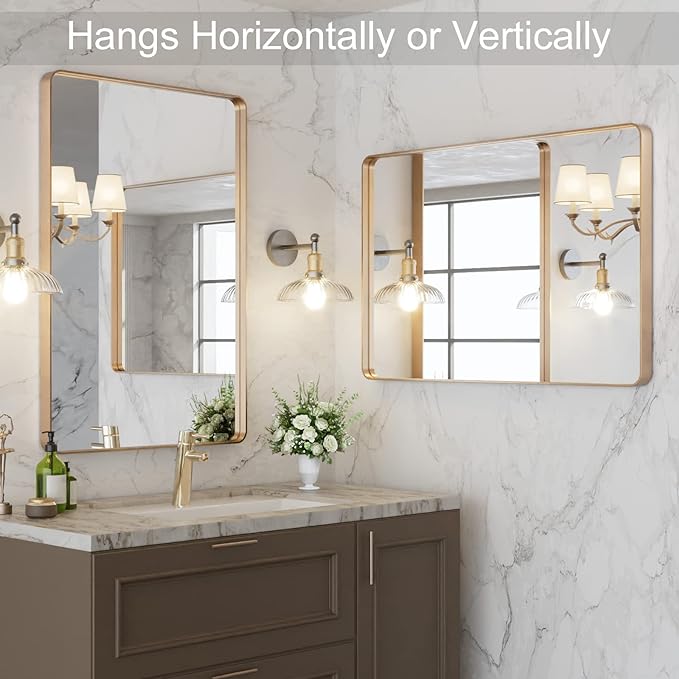 LOAAO 20”X30” Gold Bathroom Mirror, Rounded Rectangle Gold Frame Mirror, Brushed Gold Bathroom Vanity Mirror Wall-Mounted, Anti-Rust, Hangs Horizontally or Vertically