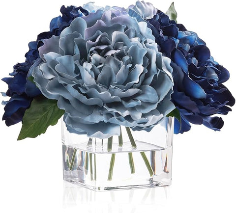 Artificial Peonies Flowers Arrangements in Cube Glass Vase, WELLKNOWN Silk Flower Centerpieces for Dining Room Table, Coffee Table Decor, Faux Peony Flowers with Faux Water (Bicolor Blue)
