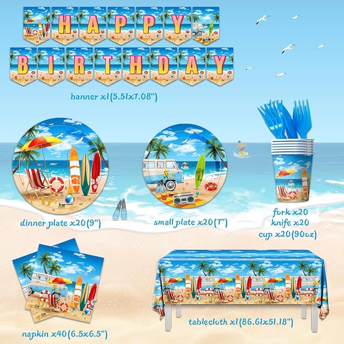 Beach Birthday Party Supplies - 142PCS Hawaiian Pool Party Decoration Including Beach Dinner Plates,Tablecloth for Summer Beach Tropical Baby Shower Birthday Decoration