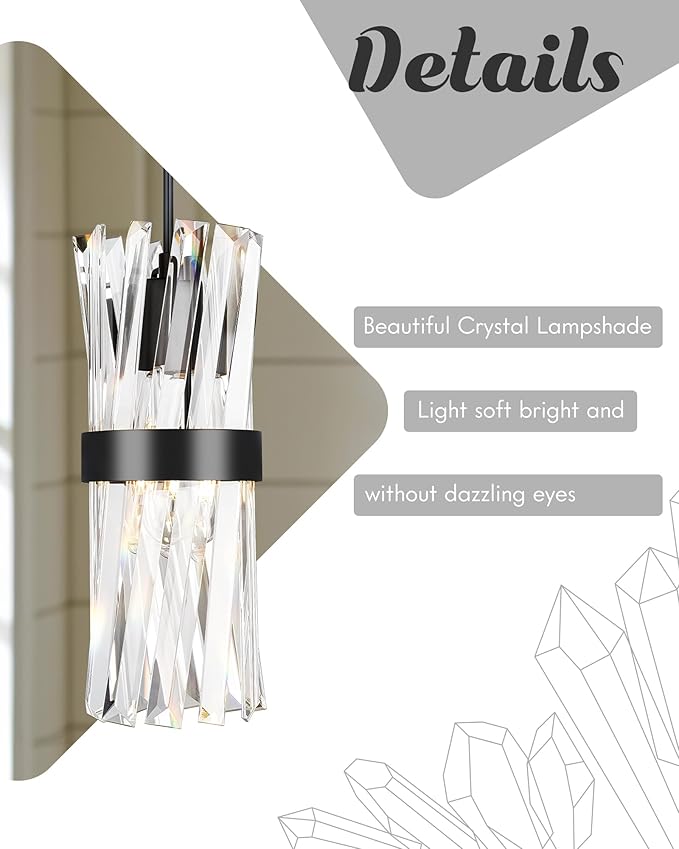 Ken & Ricky Crystal Pendant Light, Modern Black Pendant Light, Adjustable Island Lights for Kitchen Hallway Bathroom Bedroom, Two Style Options, KR3356-1PK