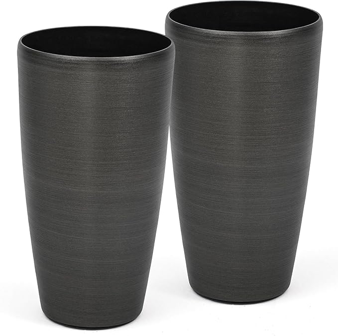 22.8" Large Tall Pot Planters, Set of 2 Modern Flower Pots with Handmade Brushed Metal Finish, Weather-Resistant for Indoor/Outdoor Year-Round Use