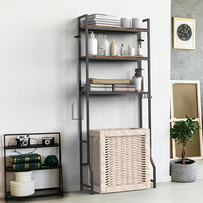 Over The Toilet Storage, Over Toilet Bathroom Organizer 3 Tier, Above Toilet Storage Rack for Bathroom Freestanding Bathroom Space Saver with Metal Frame and 4 Hooks for Laundry, Brown