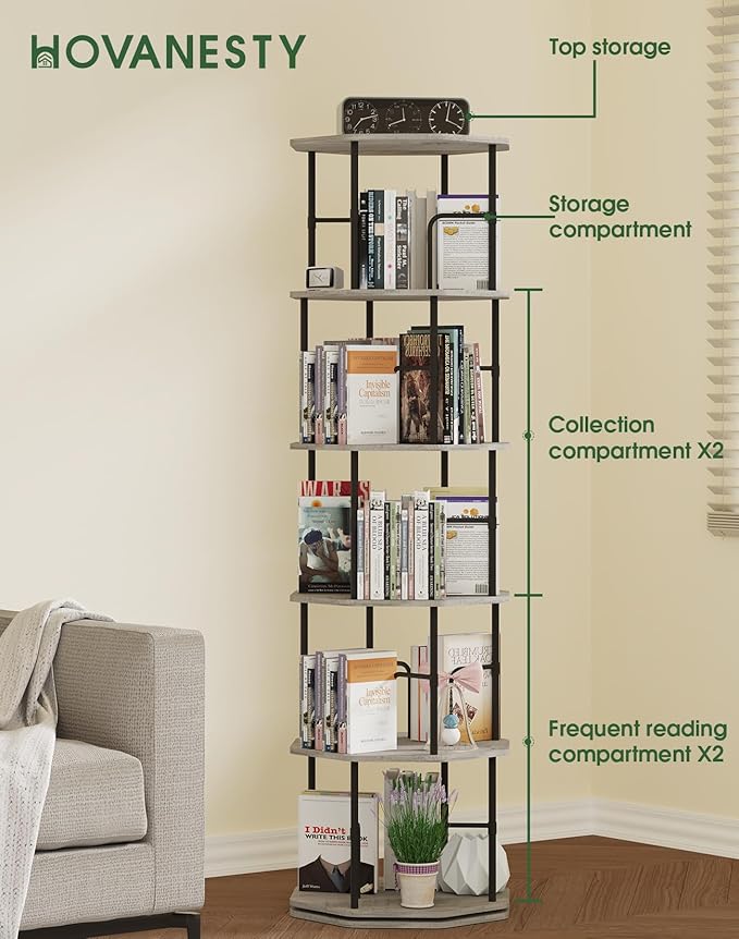 5 Tier Rotating Bookshelf, 360 Display Round Spinning Bookshelf Tower for Kids Room, Corner Shelf for Living Room, Office, Bedroom, Black