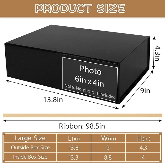 RayofSun Black Gift Box,13.8" x 9" x 4.3" Large Groomsmen Proposal Box with Magnetic Closure Lid and Ribbon for Anniversary Wedding Birthday Graduation Festivals (1 Pack)