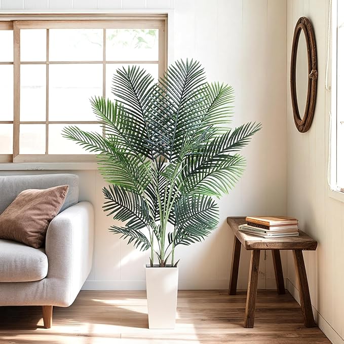 Artificial Areca Palm Tree 6FT Fake Potted Plant Faux Silk Tropical Areca Palm Real Bark Design, Large Artificial Plant in Tall White Pot for Home Living Room House Warming Floor Decor