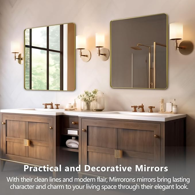 Mirrorons Gold Bathroom Mirror 36 x 30 Inch, Gold Wall Mirror, Bathroom Vanity Mirror with Rounded Corner, Shatterproof (Horizontal/Vertical)