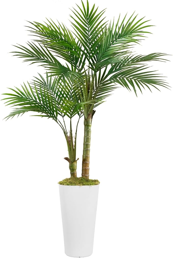 Artificial Palm Tree 5FT - Vitalismo Fake Plants with White Tall Planter, Faux Tropical Golden Cane Palm Tree with Two Trunks and 18 Realistic Palm Leaves, Indoor Floor Plants for Home Office Decor