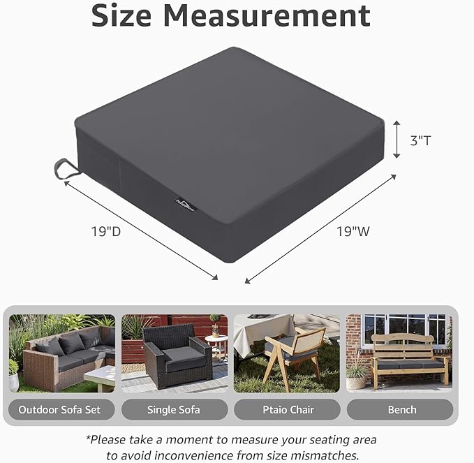 Outdoor Chair Cushions 19 x 19 x 3 Inch, Waterproof & Fade Resistant Patio Seat Cushion for Furniture with Handle and Ties, Thick Seating Pads for Outside Sofa Couch Set of 2, Grey