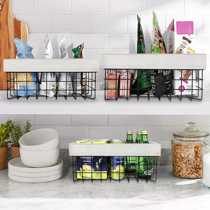 Set of 3 Metal Wire Baskets for Organizing Wood Top with Handles Storage Organizer Farmhouse Decor for Kitchen Cabinets Pantry Laundry Room Bathroom Closets Nesting Countertop Baskets