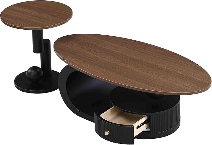 Marble Nesting Coffee Table Set of 2,Modern Oval Center Tea Table and Round Side Nightstand Set w/Drawer and Wood Tabletop and Metal Frame for Living Room Accent Furniture