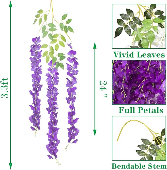 24 Pack Artificial Fake Wisteria Vine Ratta (3.75 Feet) Hanging Garland Silk Flowers String Home Party Wedding Decor (Blue)