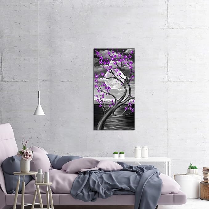 KREATIVE ARTS Purple Flower Tree Wall Art for Bedroom Cherry Blossom Tree in Full Moon Night Landscape Canvas Prints Artwork for Home Wall Decoration Ready to Hang Vertical 20x40inch (Purple)