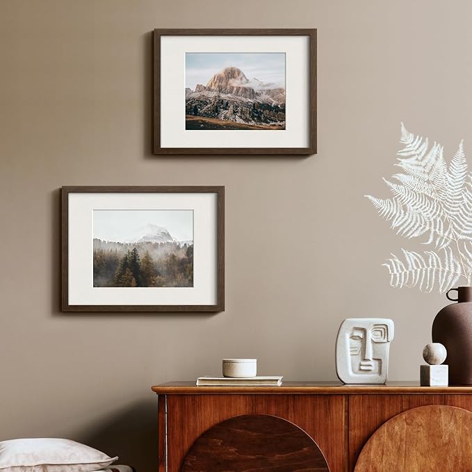 Yaetm 12x16 Picture Frame with Mat for 8.5x11 - Brown Walnut, Solid Wood Photo Frame 12 x 16 for Art Print & Poster, Lightweight, Horizontal and Vertical Wall Mount (3 Pack, Walnut)