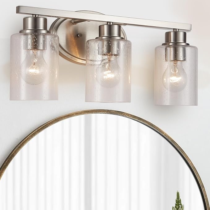 Bathroom Vanity Light Fixtures Over Mirror, Seeded Glass Bathroom Vanity Light, 3 Light Brushed Nickel Bathroom Light Fixtures with Clear Glass, Modern Rustproof Vanity Light Wall Mount