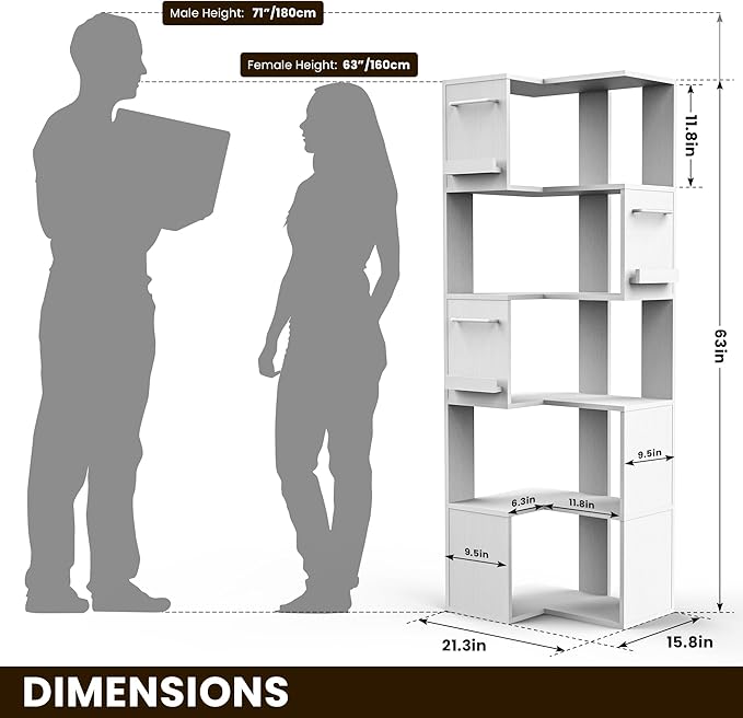 PPAMAPIC 5 Tier Corner Bookshelf, 63" Tall L Shaped Bookcase, Corner Cabinet, Wood Grain Shelf Display Rack for Kitchen, Bedroom, Living Room (White)