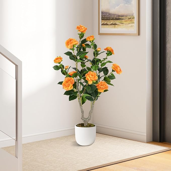 Goplus 36’’ Artificial Camellia Tree, Flower Plants Artificial Tree, Faux Floral Plant Blooming Tree in Nursery Pot, Greenery Potted Plant for Indoor Office Home Porch Decor, Orange