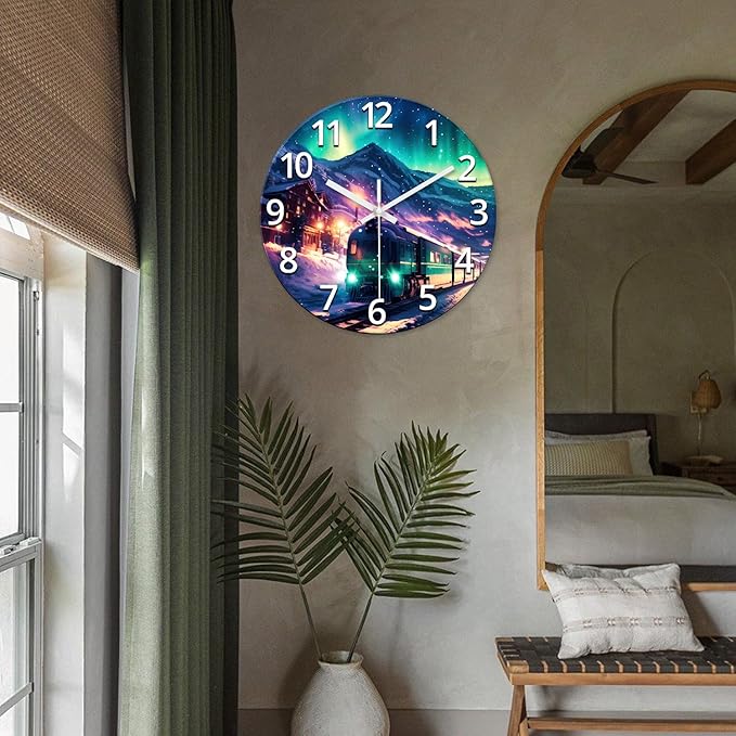 XNM Round Wall Clocks Battery Operated 20 Inch Teal Train Glass Clocks for Living Room Decor Auraro Silent Wall Clock Modern